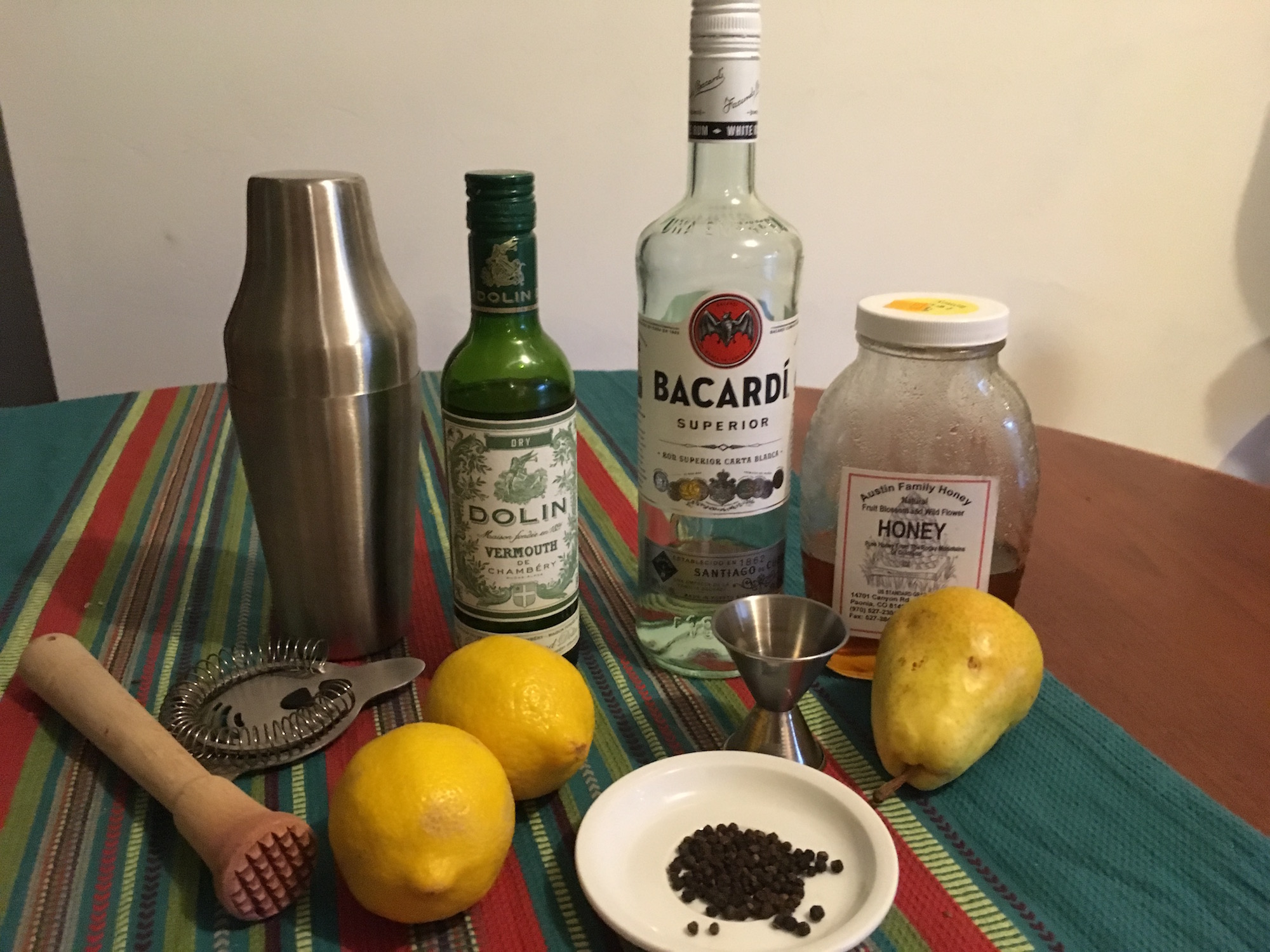 Dry vermouth, light rum, honey, pear purée, fresh lemon juice and peppercorn
