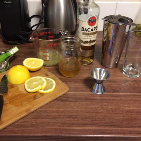 Fresh lemon juice, honey syrup, Bacardi amber rum